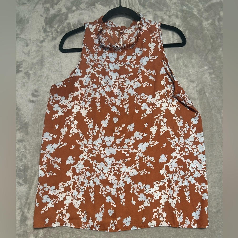 High Neck Floral Blouse Tank Top Women’s Large Ruffle Orange MTS